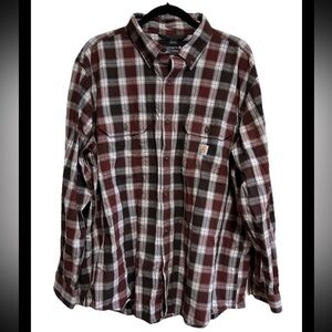 Carhartt Shirt Size XL Brown Plaid Loose Fit Midweight Chambray Long Sleeve